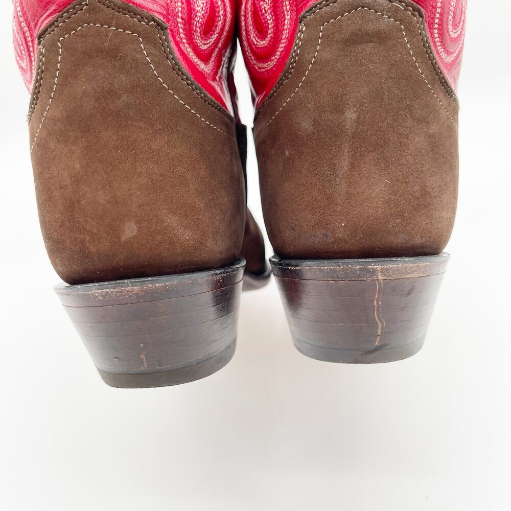 Lucchese Women’s 10 Brown Suede Red Leather Colorblock Snip Toe Cowgirl Boots - Picture 8 of 11